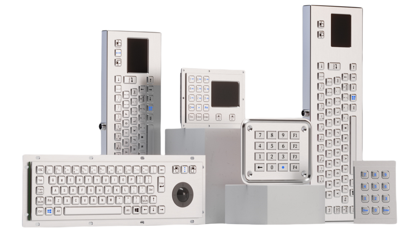 Collection of DAVOLIN rugged keyboards and metal keypad solutions for industrial control and self-service systems