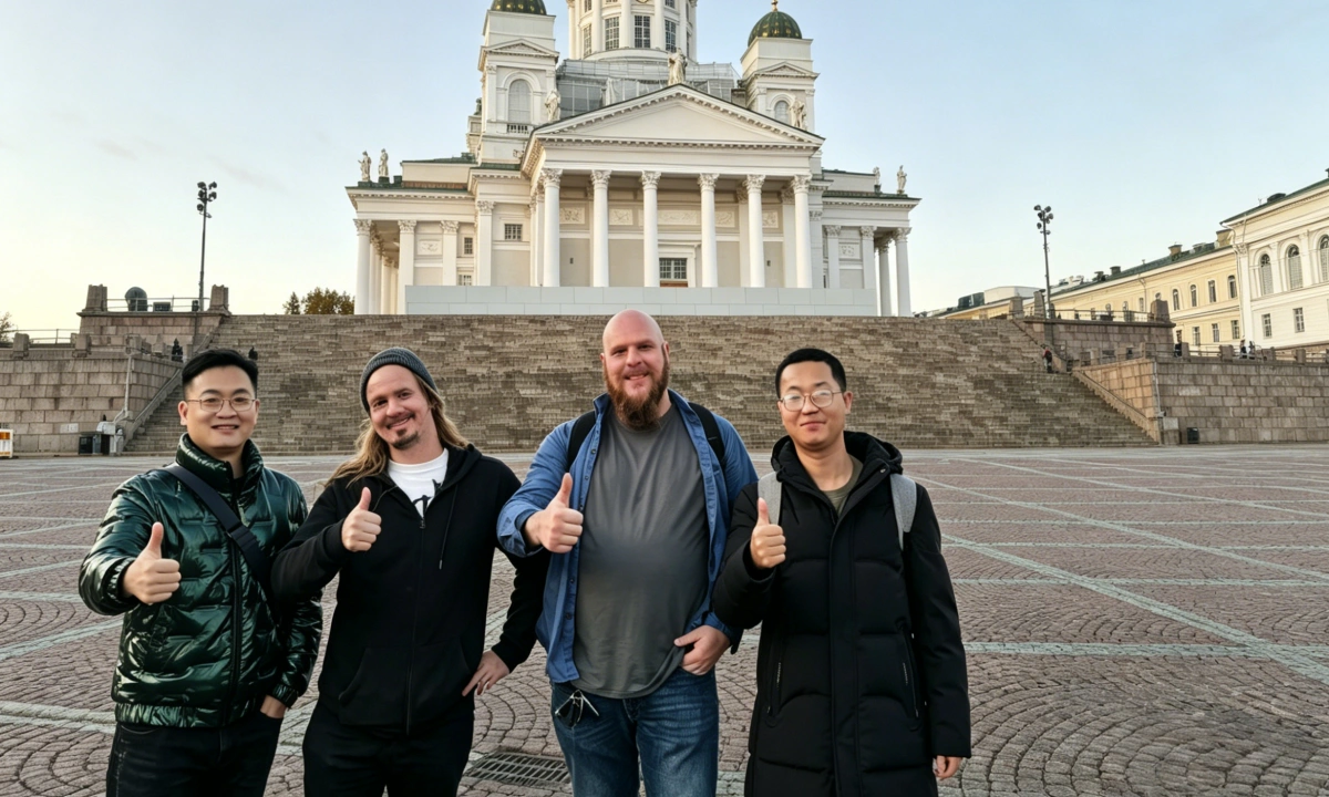 DAVOLIN team with client at Helsinki Cathedral Finland discussing metal keypad solutions