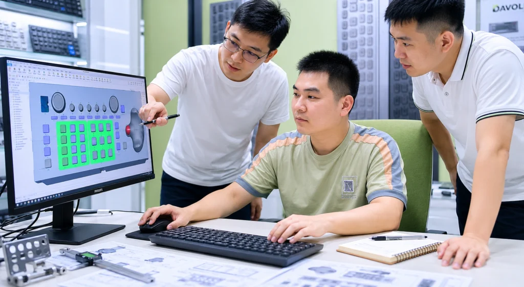 DAVOLIN engineering team reviewing a custom marine keyboard 3D design for maritime applications