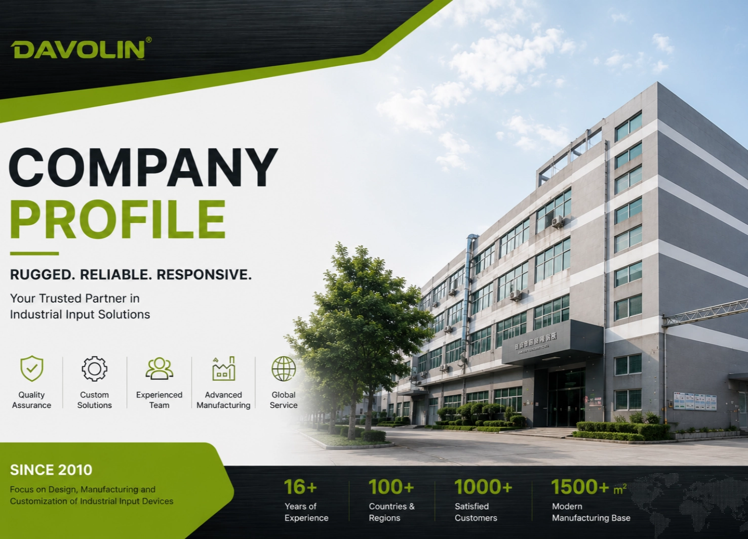 DAVOLIN company profile cover featuring industrial input device manufacturing facility and industrial solutions
