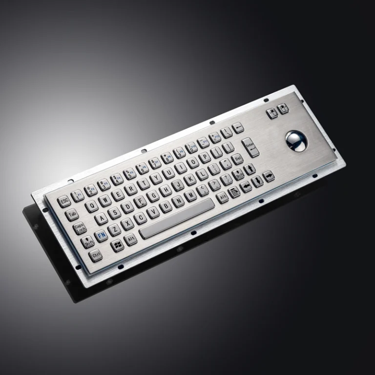 Angled view of D-8602 stainless steel keyboard with integrated trackball for industrial applications