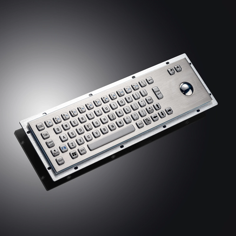 Angled view of D-8602 stainless steel keyboard with integrated trackball for industrial applications