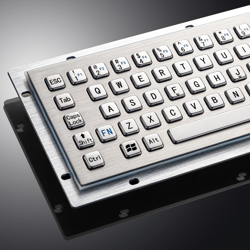 Close-up of stainless steel keys on D-8602 industrial keyboard with trackball