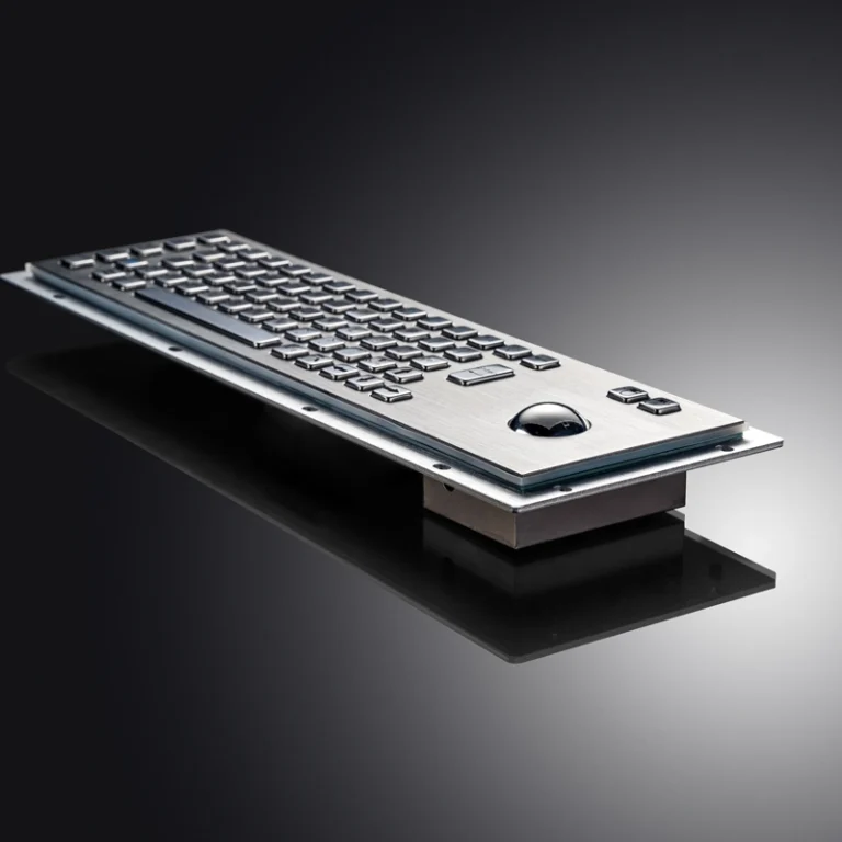 Side profile of D-8602 stainless steel keyboard with integrated trackball