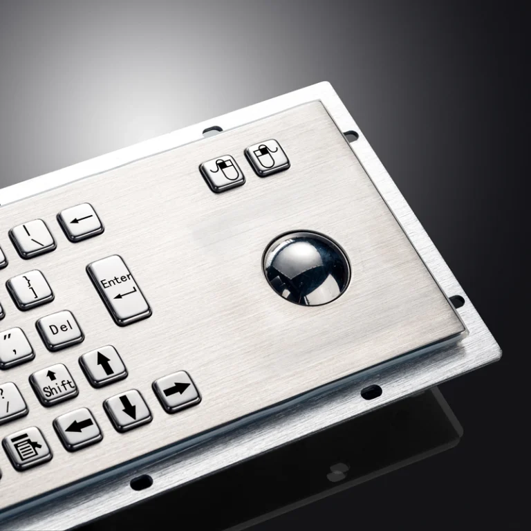 Detailed view of the stainless steel trackball used in the D-8602 industrial keyboard