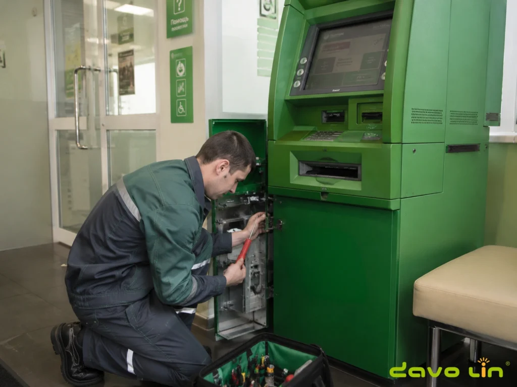 Technician carrying out maintenance work on an ATM terminal