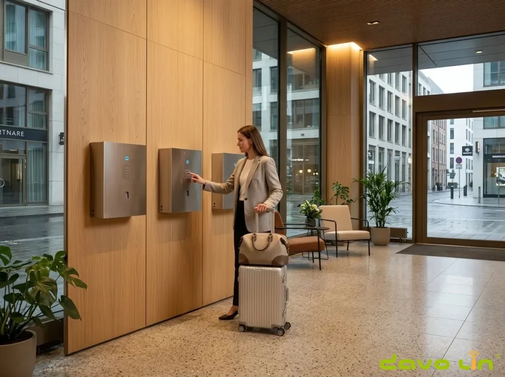 Unattended smart key management cabinet installed in a lobby